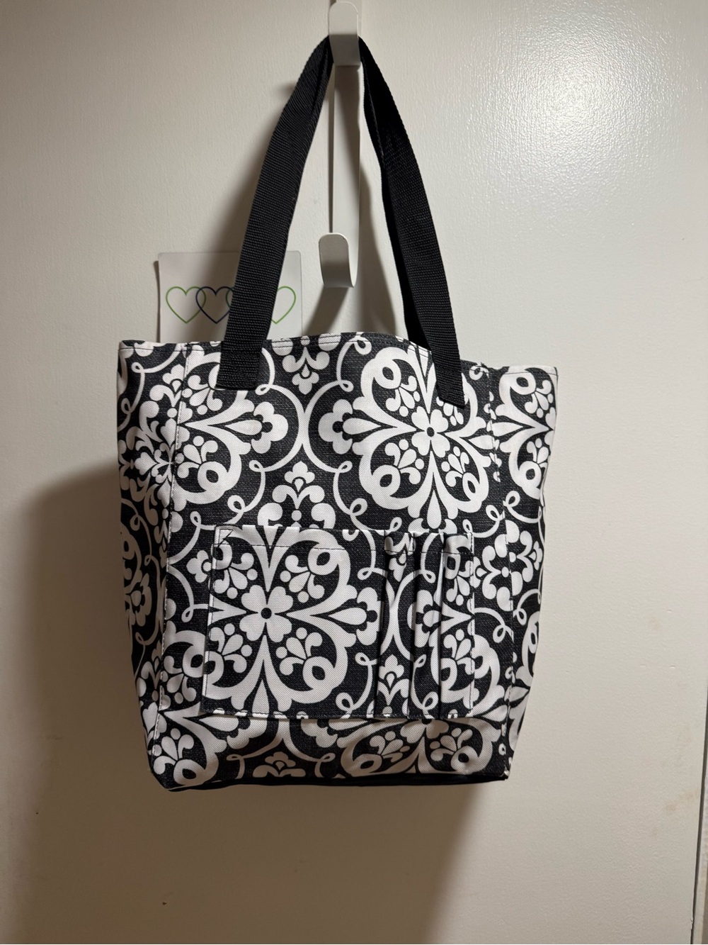 Thirty-One Black & White Tote Bag with Front Pocket. EUC. Like New!